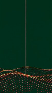 Vertical slow camera drift down along thin line to flat vector white envelope with red bow hanging on dark green background with red and gold particle wave, Christmas greeting and email concept