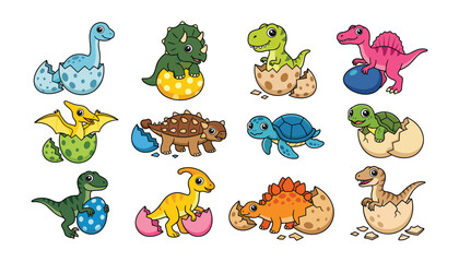 Cute Cartoon Baby Dinosaur Hatching Vector Character Collection Featuring T-Rex Triceratops Pterodactyl Stegosaurus and Sea Turtle Popping Out of Eggs © yesmin