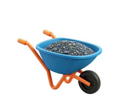3d render of a blue wheelbarrow filled with grey stones isolated on transparent background