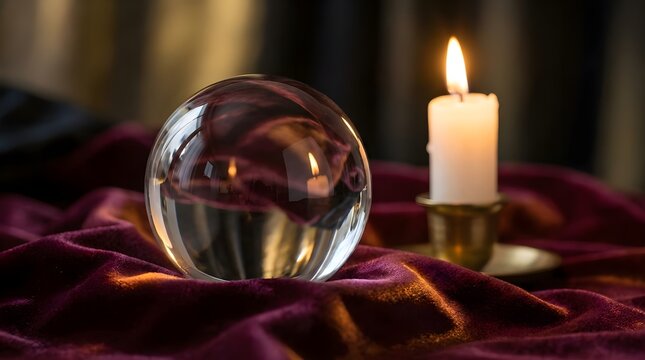 Crystal ball on velvet cloth with candle glow