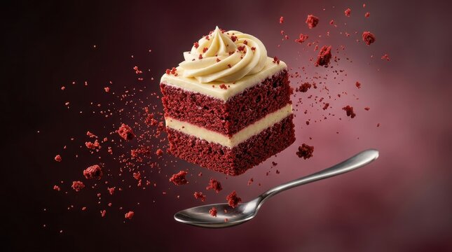 A delicious square slice of chocolate cake with creamy frosting and a silver spoon on dark table