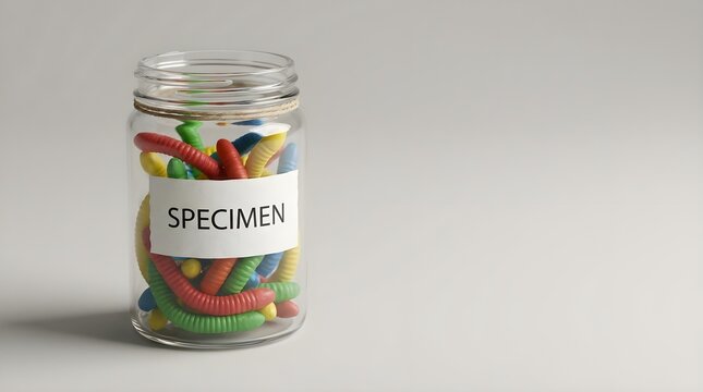 Fake worms in jar labeled specimen