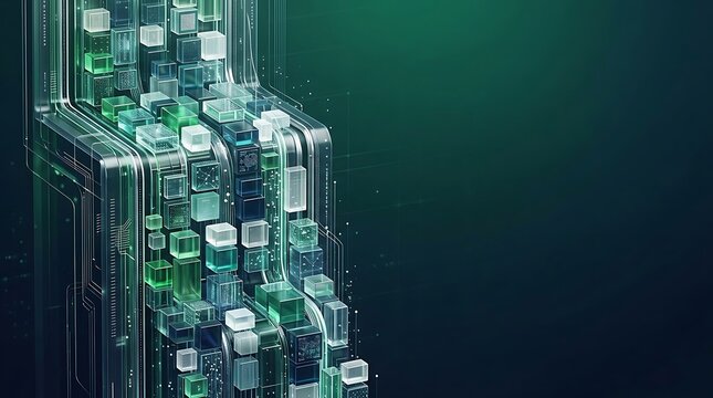 Data waterfall abstract background with cascading green digital cubes and circuits