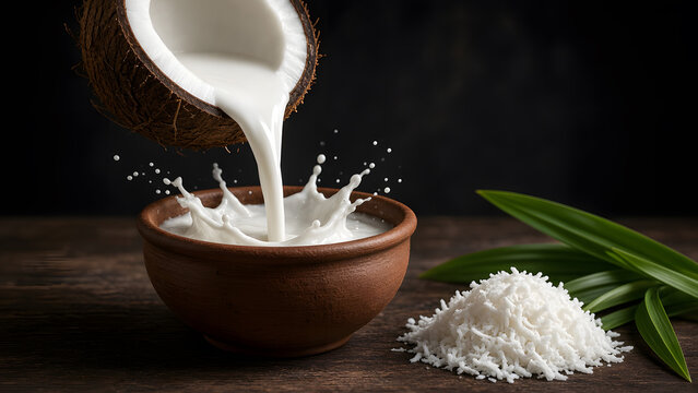 Fresh coconut milk pouring into clay bowl with grated coconut and pandan
