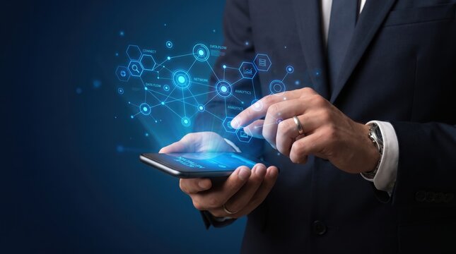 Businessman interacting with floating data network graph on smartphone screen, global communication connectivity, big data analytics visualization