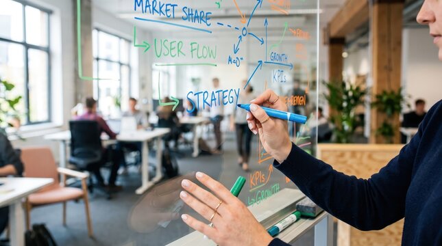 Businesswoman writing marketing strategy concepts like market share and user flow on transparent glass board during team brainstorming session in modern office environment with