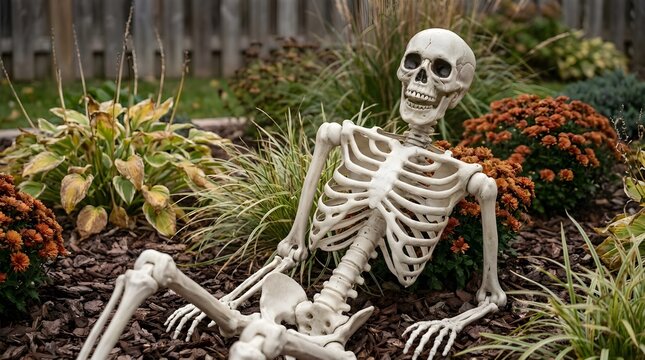 Plastic skeleton lying in garden bed as lawn decoration