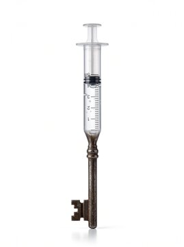 Vintage skeleton key morphing into medical syringe, economic stimulus addiction and systemic dependency concept on white background