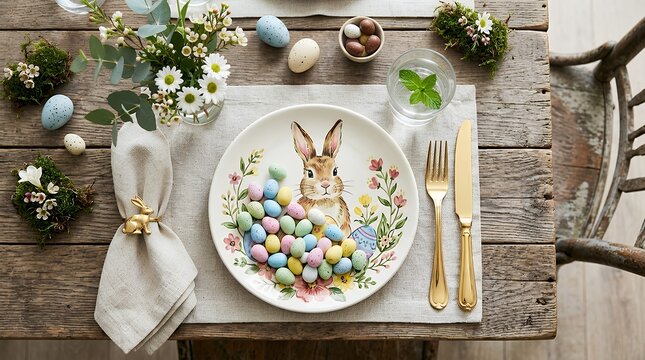 Flat lay compositiona decorated holiday dining table featuring a festive plate with bunny motif filled with colorful speckled candies and golden cutlery on rustic wood easter table setting