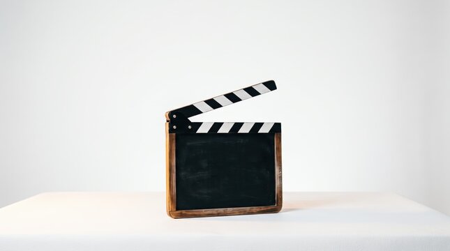 Classic black and white movie clapperboard isolated on white background, symbolizing film production cinema industry direction and start of shooting scene for video content