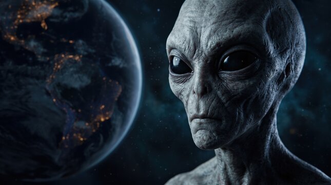 Gray extraterrestrial alien looking at planet Earth in deep space