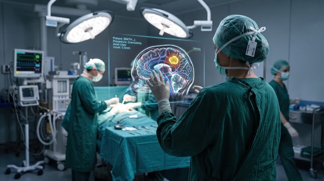 Surgeons using advanced holographic display for brain surgery planning, medical technology in operating room, neurosurgery procedure assistance, patient anatomy visualization