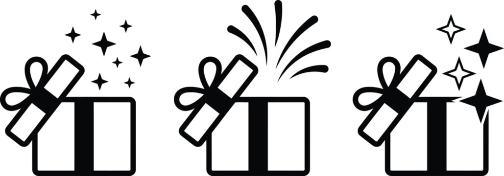 Set of gift box icons featuring surprise elements and sparkling stars graphic resource black and white vector illustration simple art
