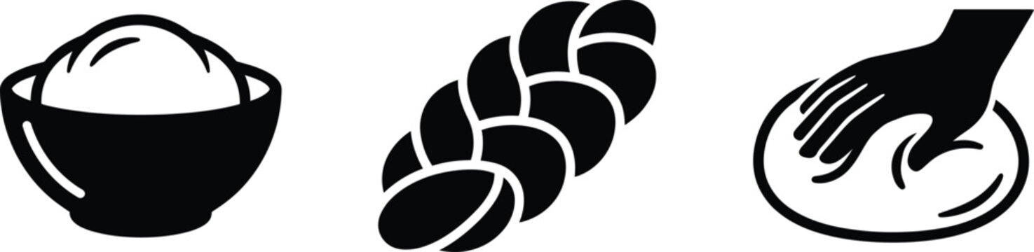 Set of bakery icons depicting a dough bowl braided loaf and hand kneading fresh bread ingredients monochrome collection culinary