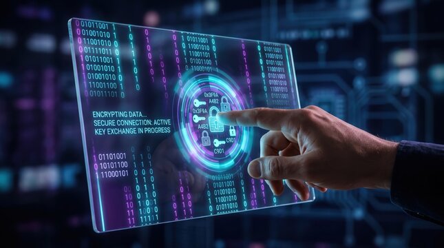 Finger touching a futuristic transparent screen displaying encryption keys and padlocks, representing cybersecurity, data protection, internet security, privacy measures