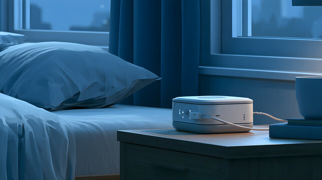 Connected Sleep Apnea Monitor Resting On A Nightstand At Dusk
