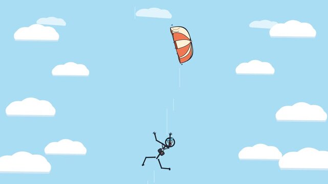A stickman parachutes through a clear sky before the cords snap and the character falls rapidly out of frame, ending with bold GAME OVER text, ideal for modern gaming, failure, risk, and humor themes.