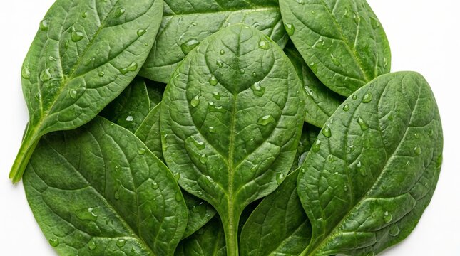 Fresh green spinach leaves covered with sparkling water droplets neatly arranged together