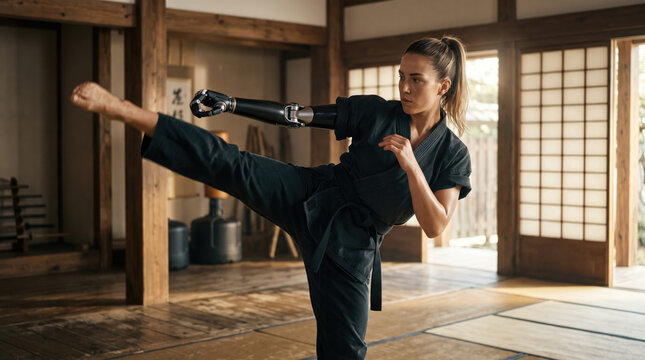 Woman martial artist with bionic prosthetics practices high kick in traditional wooden training hall, focused and confident in warm natural light.