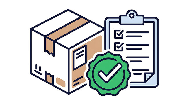 Parcel with checklist and approved seal representing efficient logistics and quality control during delivery