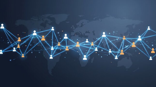 Global digital network connecting people, social media interaction, world map background with glowing nodes and lines representing internet communication, technology concept