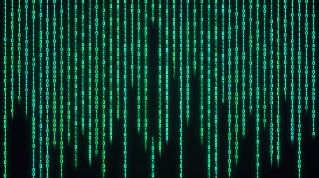 Abstract digital background featuring cascading green binary code matrix, representing data stream, artificial intelligence, cybersecurity