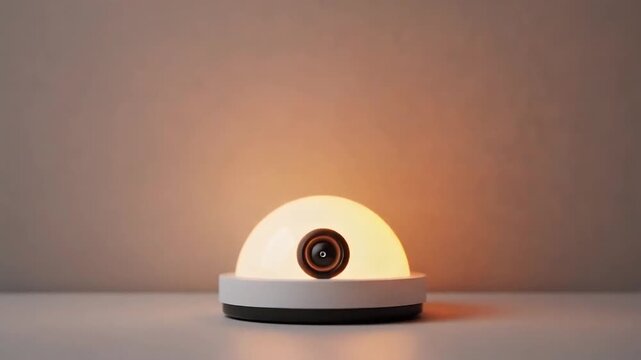 Dome shaped smart sensor camera flashing warm light on a white table