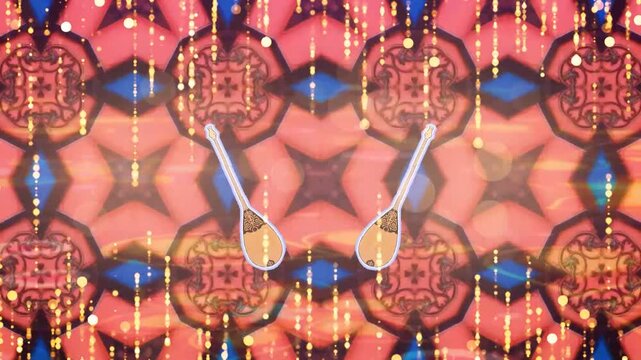 Two ornate traditional string instruments floating against a kaleidoscopic patterned backdrop with glowing light trails