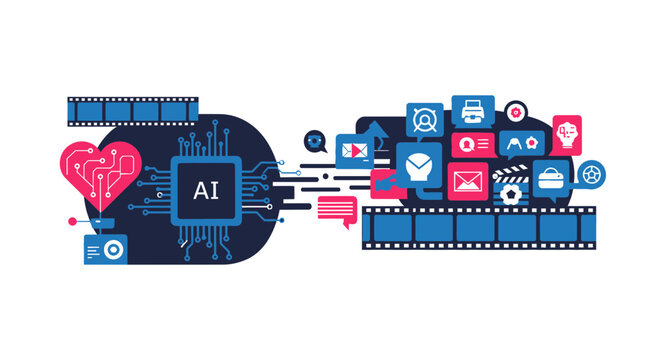 AI Artificial Intelligence Generating Digital Content and Media Marketing Vector Illustration