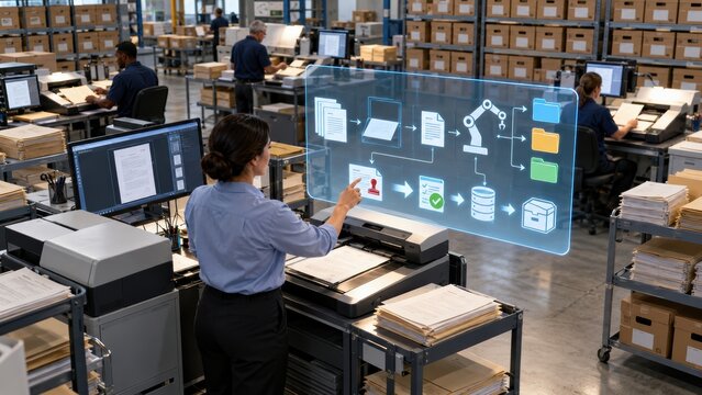 woman in a warehouse uses a futuristic transparent touchscreen displaying digital workflow icons while colleagues organize boxes and files in the background.