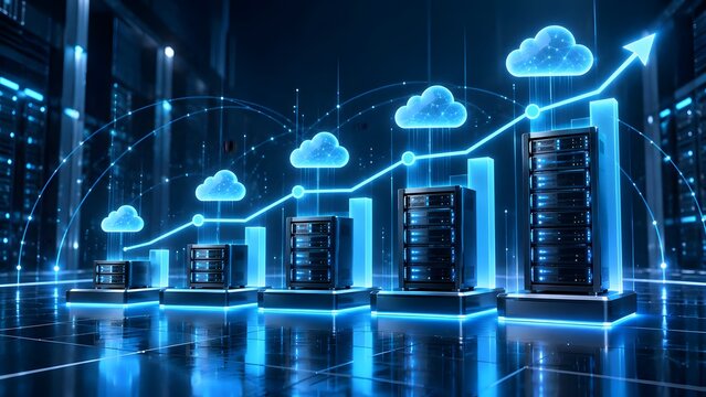 Data center server racks glowing blue with ascending growth chart and cloud icons representing scalable networking infrastructure