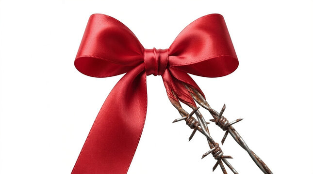 Hidden trap and deceptive business offer concept: elegant red silk gift bow morphing into dangerous rusted barbed wire, isolated on white background