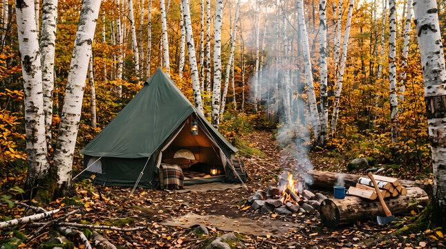 Cozy green canvas tent in a birch forest during autumn with a glowing campfire and fall foliage