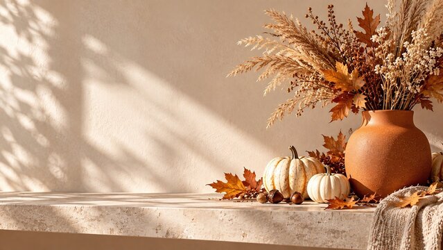 Cozy autumn arrangement with white pumpkins, dried flowers in a clay vase, and maple leaves on a rustic stone shelf against a warm wall