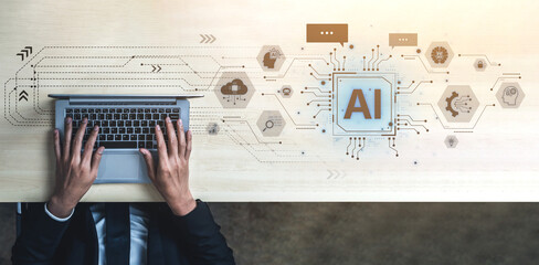 Obraz na płótnie Canvas Concept of a cognitive and conversational AI. The central processor powers a chatbot, performs cloud data searches, and facilitates intelligent communication and support. Fermion