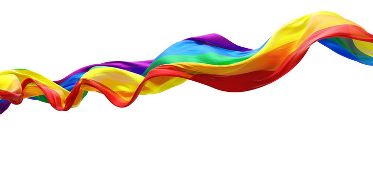 Rainbow flag ribbon flowing for pride month isolated on transparent background with copy space 3D render