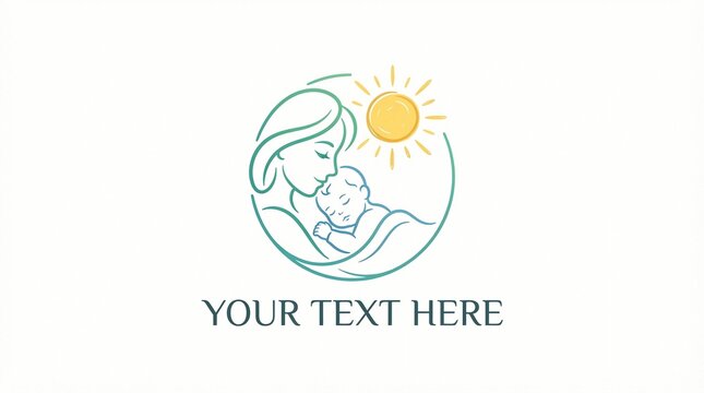Elegant line art vector graphic featuring a loving mother holding her sleeping baby beneath a bright yellow sun symbol inside a circular organic frame