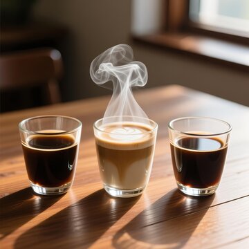 Inviting Trio of Steaming Coffee Drinks on a Warm Wooden Table Bathed in Natural Light