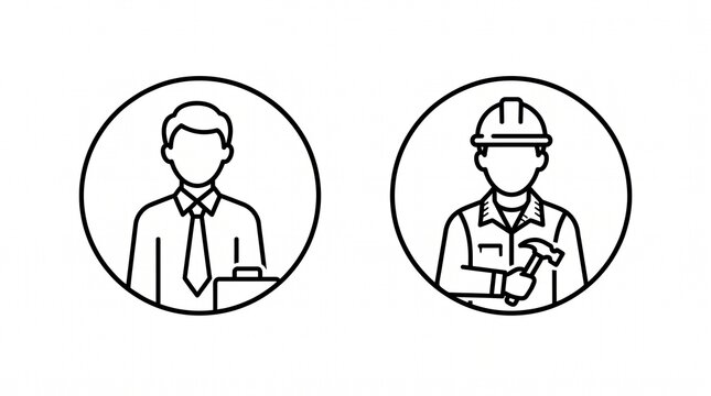 Professional businessman in formal suit with tie alongside industrial construction worker wearing safety hard hat holding heavy hammer inside clean minimalist round outline vector badges