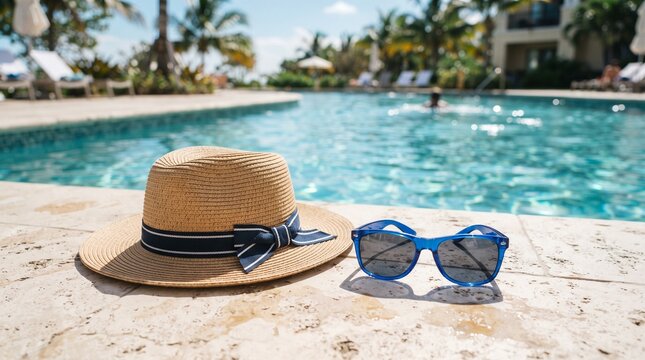 Straw hat with blue ribbon and matching sunglasses resting on warm stone tiles beside sparkling swimming pool water under bright tropical sunshine outdoors today