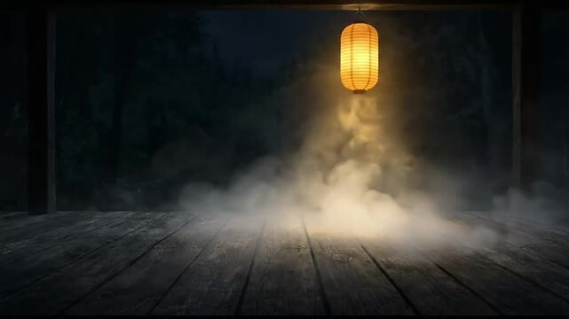 Fog creeping across a wooden porch floor beneath a hanging paper lantern