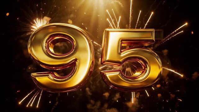 Golden Number 95 with Fireworks Celebration Against Dark Night Sky Cinematic Animation