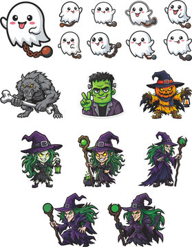 Cute Halloween monster stickers collection with ghosts witches and zom