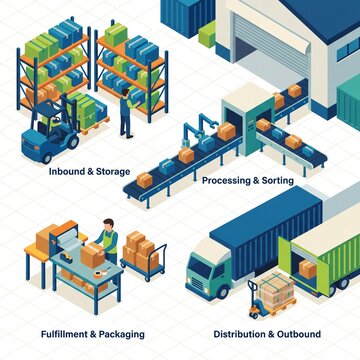 Isometric warehouse operation showing complete supply chain process