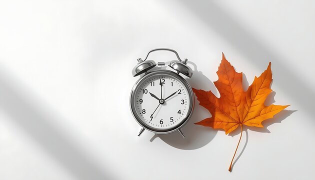 Vintage metallic alarm clock next to a single fallen autumn leaf on white surface with maple background flat lay still life analog timepiece minimalist