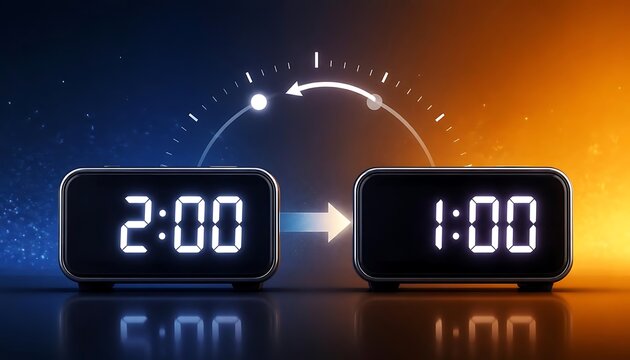 Digital clock displaying time shift from two to one to represent the end of daylight saving with alarm change fall back measurement schedule electronics adjustment deadline