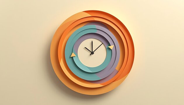 Decorative wall clock featuring colorful concentric circles in a paper craft style timepiece interior minimalist contemporary sculptural geometry handmade creative