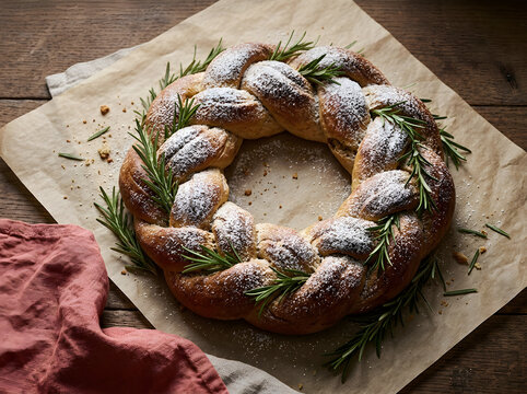 Artisanal braided bread wreath dusted with sugar, festive holiday pastry with rosemary sprigs, rustic homemade yeast bread on wooden table