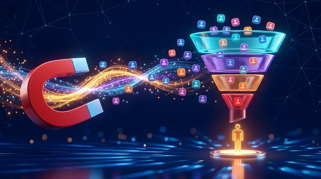Digital marketing conversion funnel concept with magnet attracting user avatars for business lead generation and sales strategy