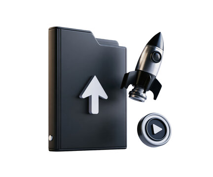 3d render of a black folder with an upload arrow, a rocket, and a play button isolated on transparent background